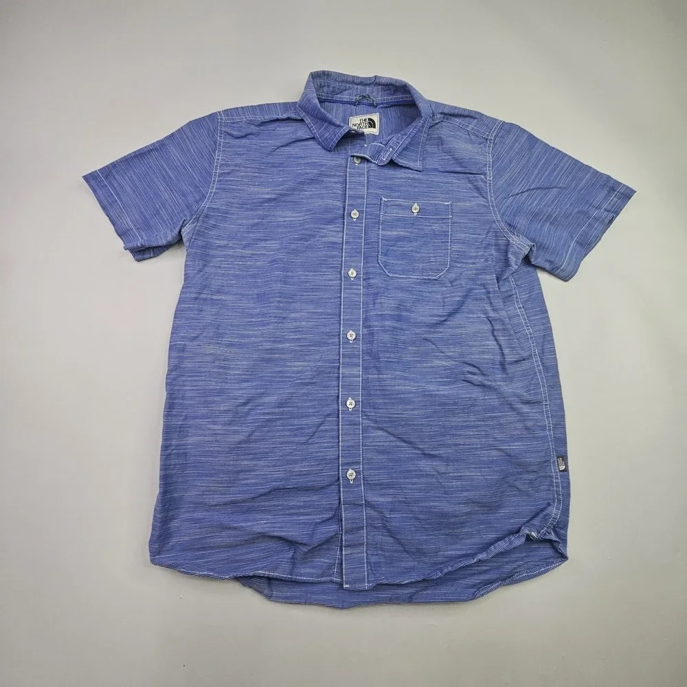 THE NORTH FACE Men's Large Blue White Micro-Stripe Short Sleeve Button Up Shirt